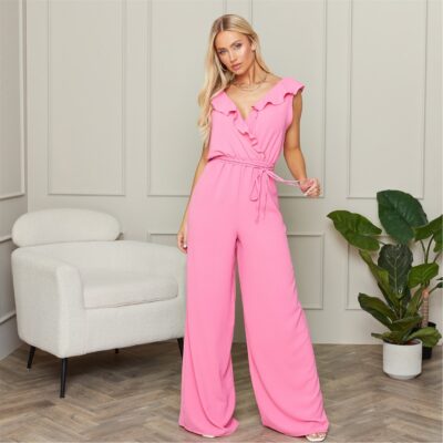 I Saw It First V Neck Frill Detail Wide Leg Jumpsuit