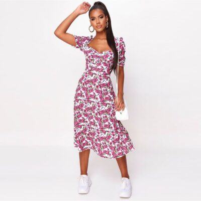 I Saw It First Floral Print Puff Sleeve Button Front Midi Dress