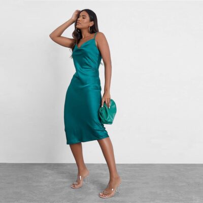 I Saw It First Satin Cowl Neck Tie Back Midi Dress