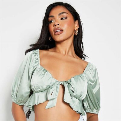 I Saw It First Satin Tie Front Puff Sleeve Crop Blouse