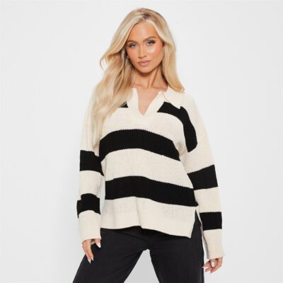 I Saw It First Fisherman Knit Wide Stripe Collared Jumper